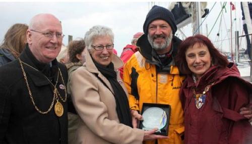 Left to right- Councillor Gerry Leonard (Deputy Provost of Glasgow), Ocean Cruising Club member Frances Rennie, Gerry Hughes, and Councillor Helen Moonie (Provost of South Ayrshire). Photo by Priscilla Travis ©  SW